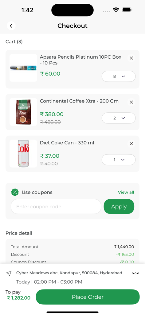 Vijetha Online App - Checkout page of Vijetha Online App showing cart items, price details, and place order button