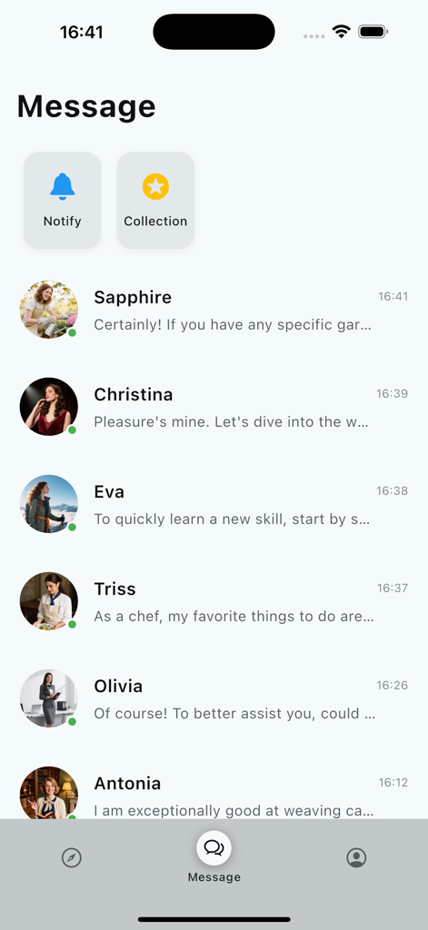 Glee - Interactive Stories - Gleeアプリのメッセージインターフェース。インタラクティブストーリーテリングのために、サファイアやクリスティーナなどのAIキャラクターのリストを表示。