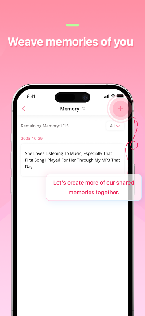 Dokichat – Romantic AI Chat - A screenshot of the Dokichat app showing the shared memory feature where users can save and view romantic roleplay milestones.