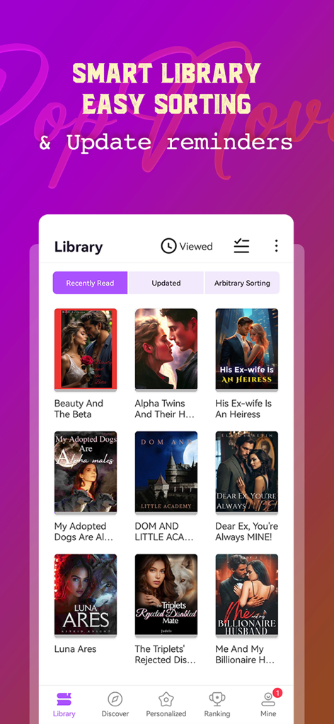 PopNovel - Interface do aplicativo PopNovel mostrando a biblioteca inteligente com capas de várias novelas de romance e lobisomens