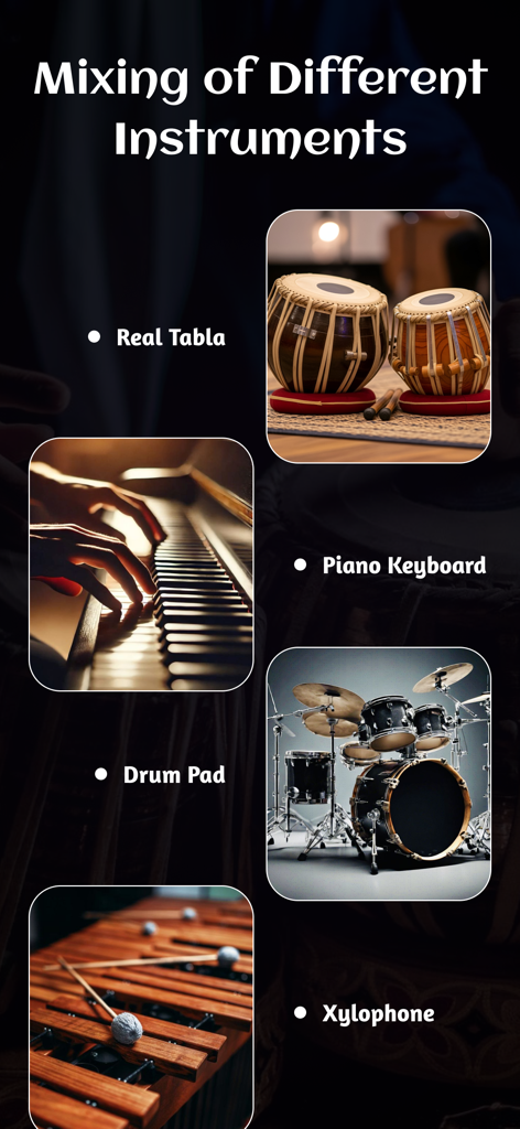 Real Tabla : AI Music Maker - Una muestra de diferentes instrumentos disponibles en la aplicación Real Tabla, incluyendo pad de batería de piano tabla y xilófono.