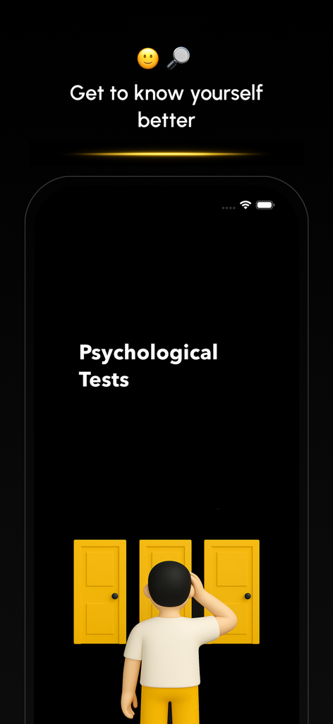 Psychological tests app screen with a person choosing between three doors under the text Get to know yourself better
