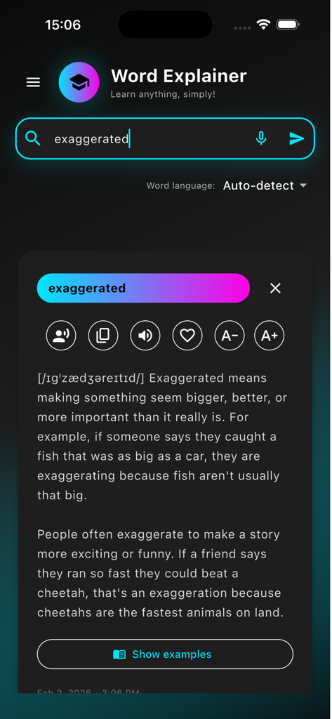 Word Explainer - Word Explainer app interface showing a simple explanation for the word exaggerated with pronunciation and examples.