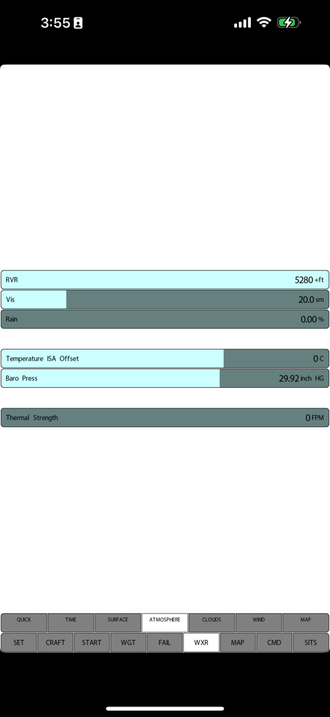 X-Plane 12 Control Pad interface showing adjustable atmospheric and weather parameters like visibility, rain, and barometric pressure.