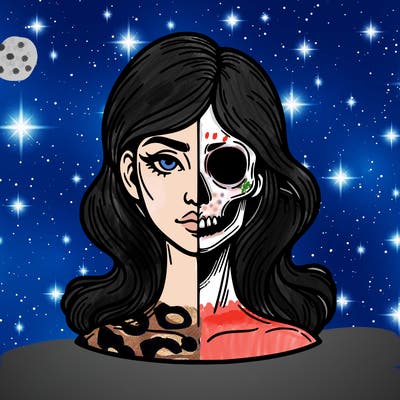 bust of a woman, half face and hair, half skull