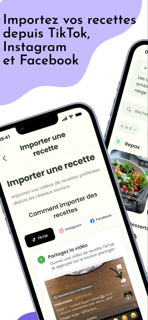 Reciply - Importer recettes - Interfaz de la aplicación Reciply que muestra opciones para importar recetas de TikTok, Instagram y Facebook.