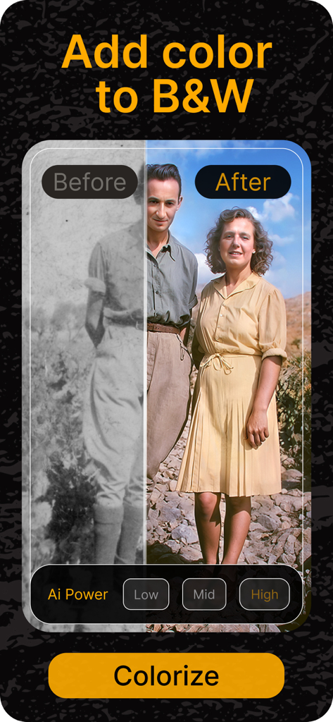 Comparación de antes y después de una foto antigua en blanco y negro restaurada con colores vibrantes usando RetroFix IA