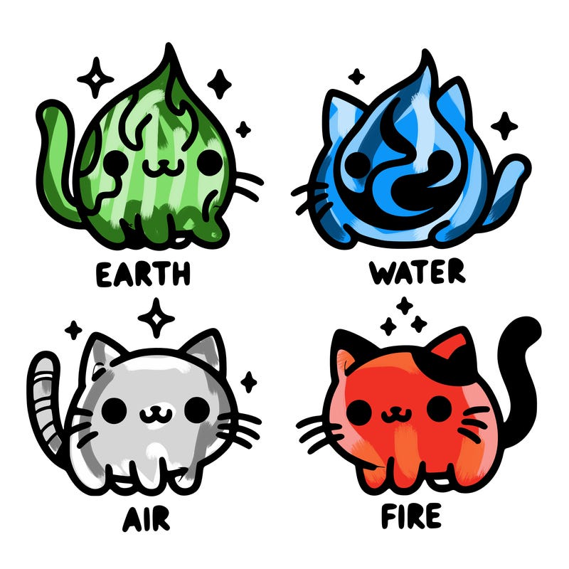 4 cats that represent the different elements, earth, water, air, and fire