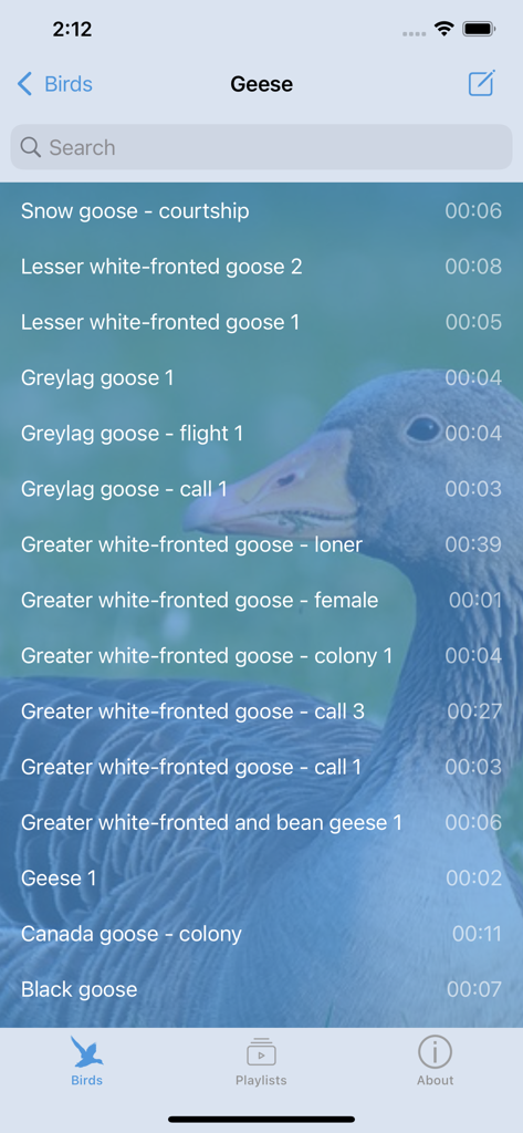 Bird decoy - Interface do aplicativo Espantalho de Pássaros exibindo uma lista detalhada de vários chamados e sons de gansos para uso ao ar livre