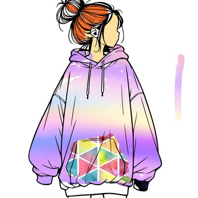 realistic girl with a oversized sweatshirt on and a bun