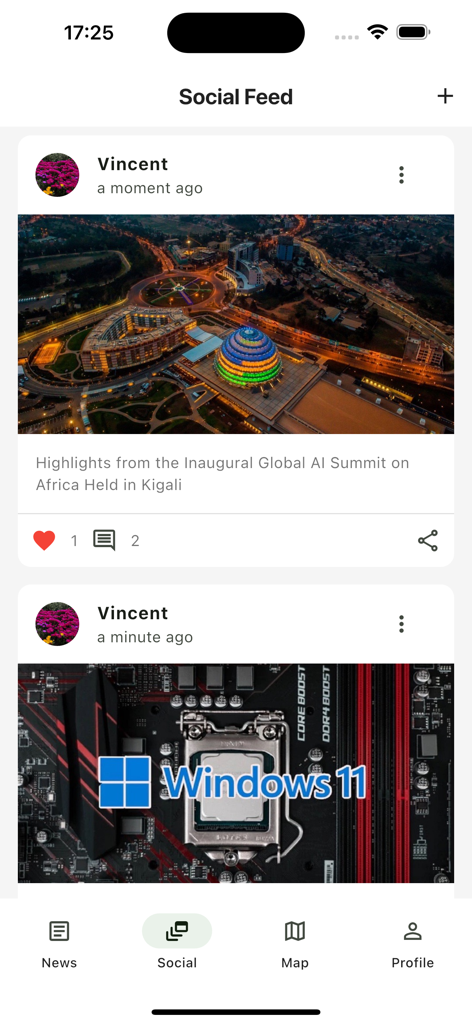 Feed social dell'app Rwanda Tech News che mostra un post sul Global AI Summit a Kigali