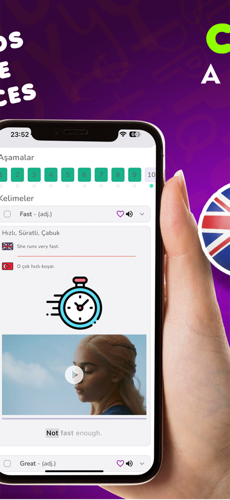 Learn Words Daily on Widget - Smartphone screen displaying a vocabulary lesson with a video clip for context