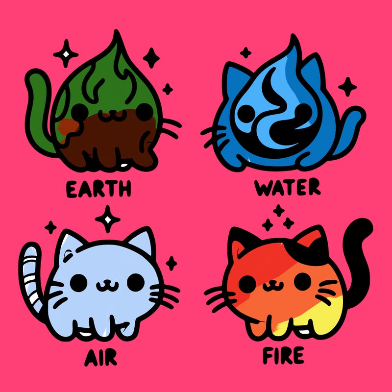 4 cats that represent the different elements, earth, water, air, and fire