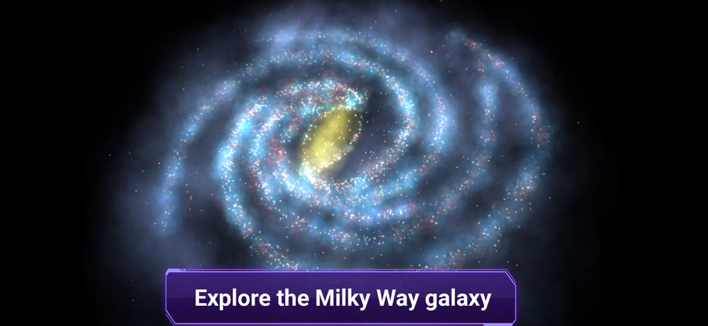 Galaxy Map - Stars and Planets - A 3D visualization of the Milky Way galaxy with a glowing central core and spiral arms