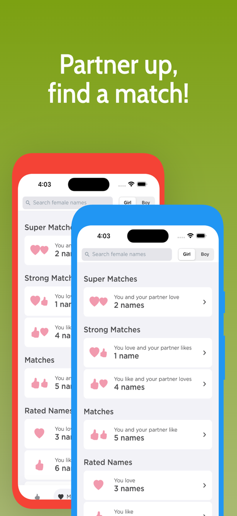 Uma captura de tela do aplicativo Baby Name Genius mostrando o recurso Partner Match para sincronizar preferências de nomes de bebês entre parceiros