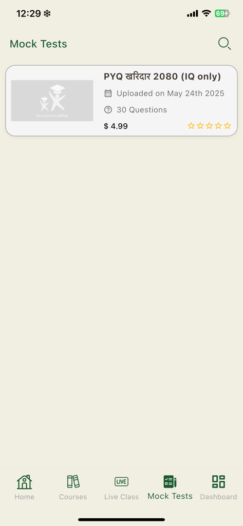 KK Academy app interface displaying the mock tests section with a practice exam list.