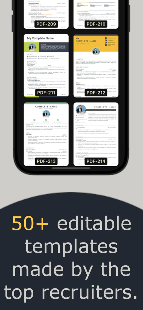 AI Resume Writer Genius: Resji - Una pantalla móvil que muestra varias plantillas de currículum profesionales con un texto superpuesto que menciona más de 50 plantillas editables creadas por reclutadores.