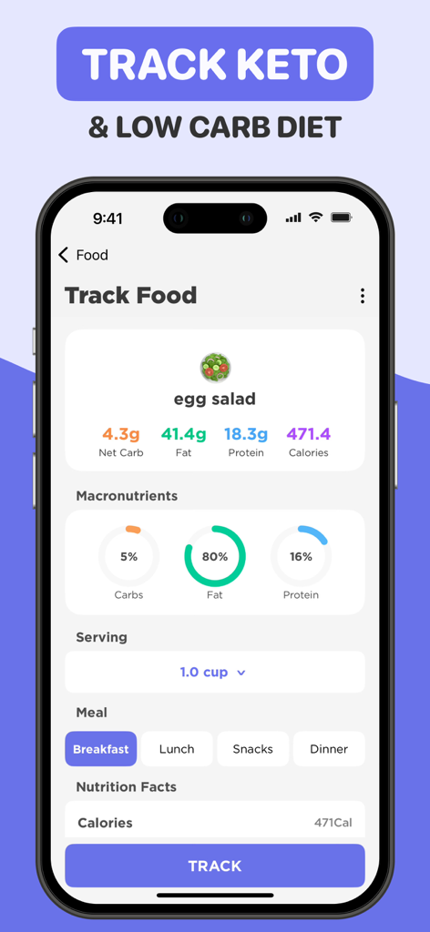 Keto Manager : Carb Diet App - Smartphone showing the Keto Manager app interface tracking net carbs and macronutrients for an egg salad meal