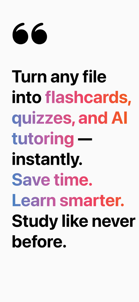 Promotional text for KardsAI app highlighting instant flashcard and quiz generation from any file to save time and study smarter.