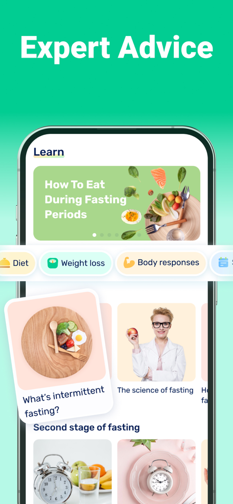 GoFasting app interface showing the Expert Advice section with educational articles on intermittent fasting and nutrition.