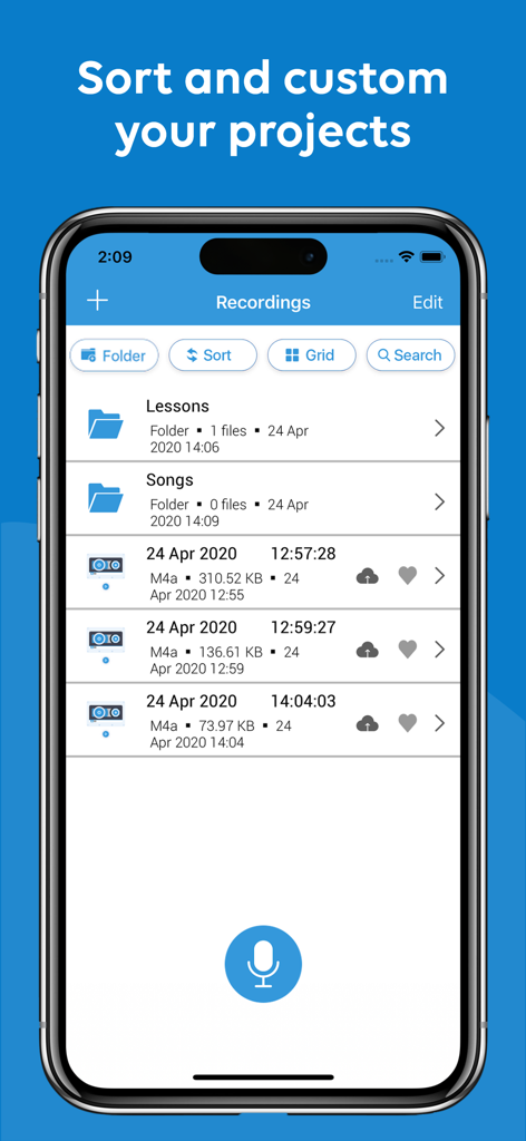 Interface of a voice recorder app showing a list of audio recordings and organized folders