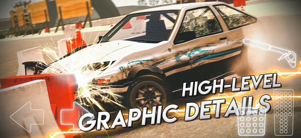 Drift legends - Um carro branco colidindo com uma barreira com faíscas realistas destacando detalhes gráficos de alto nível