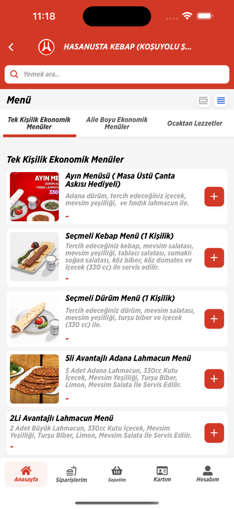 Hasan Usta Kebap & Izgara - Hasan Usta Kebap app menu displaying a list of Turkish kebab and lahmacun meal options
