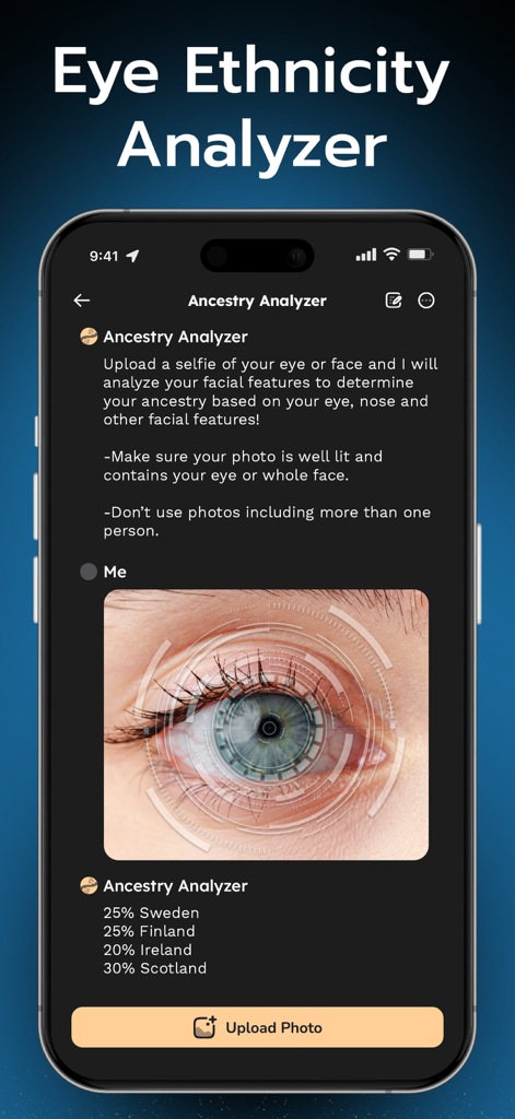 Gooroo: Ethnicity, AI Fortune - Gooroo eye ethnicity analyzer scanning an eye to show ancestry results