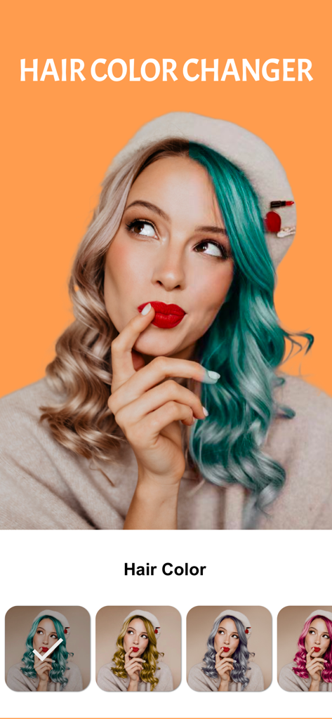 Cartoon face maker：Photo Art - 左右で髪の色が分かれた女性と、様々なカラーフィルターオプションが表示されるヘアカラーチェンジャー機能のインターフェイス