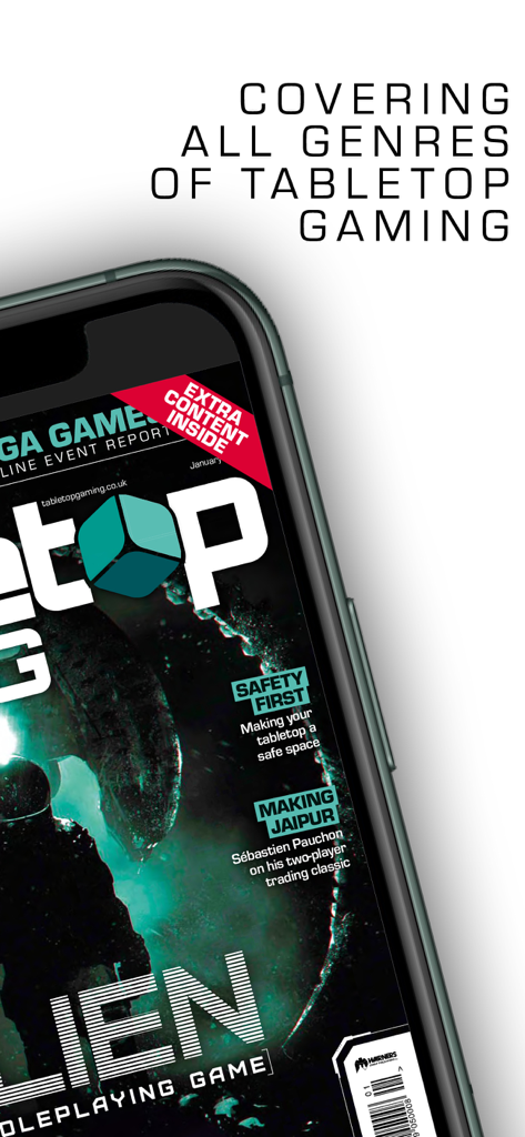 Tabletop Gaming app showing the digital magazine edition on a mobile device