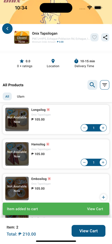 Aly Express app screen showing a restaurant menu with items added to the cart