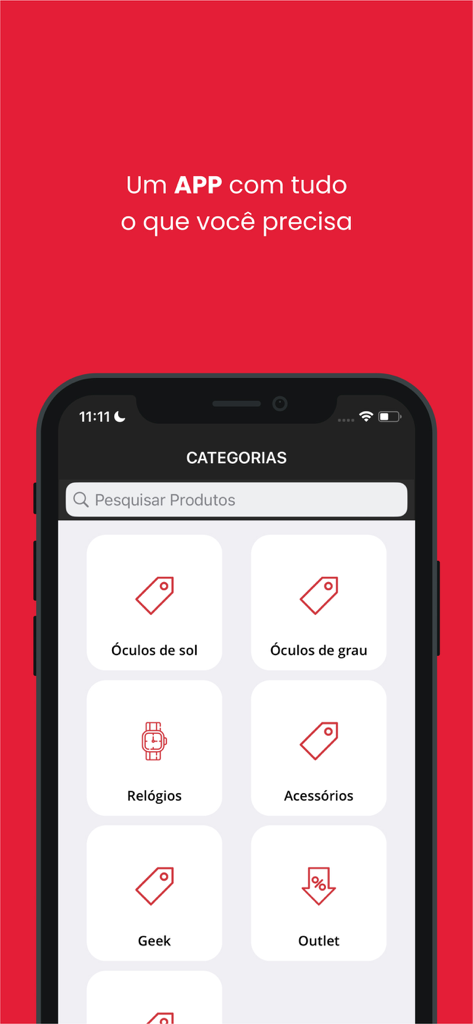 Chilli Beans - Interface do aplicativo móvel mostrando categorias de compras para armações e relógios