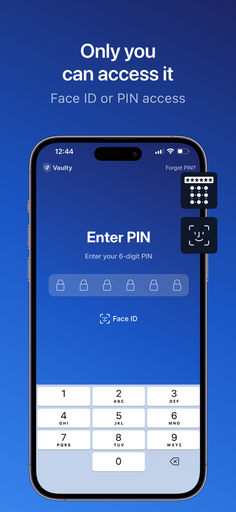 Écran de smartphone affichant l'accès sécurisé de l'application Vaulty avec les options PIN et Face ID