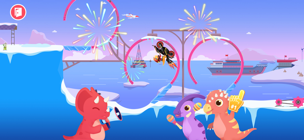 A dirt bike performing a loop stunt in an arctic level with fireworks and cheering dinosaurs.