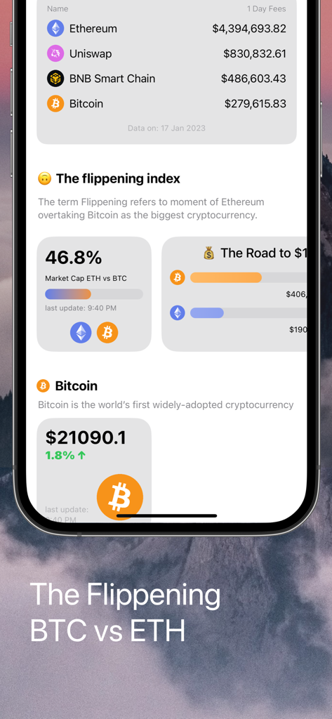 Crypto Widget Toolkit - Screenshot of the Crypto Widget Toolkit app showing the Flippening Index comparison between Ethereum and Bitcoin market caps and daily fees