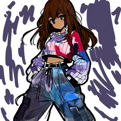 anime teen girl with baggy pants and crop top with sweater