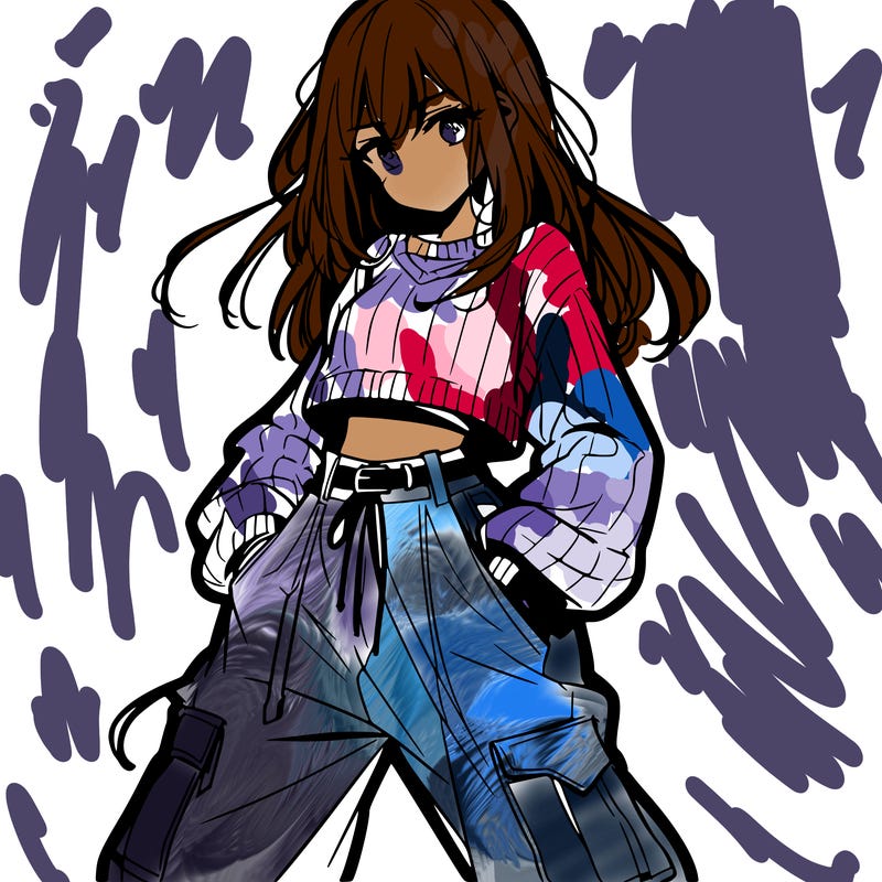 anime teen girl with baggy pants and crop top with sweater