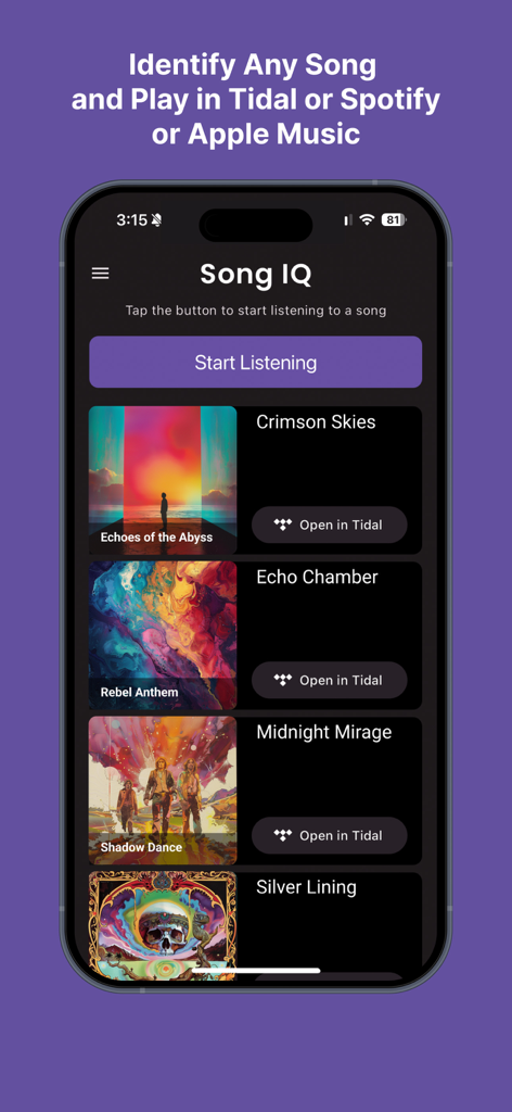 Song IQ - Song IQ app interface showing music identification history and Tidal integration
