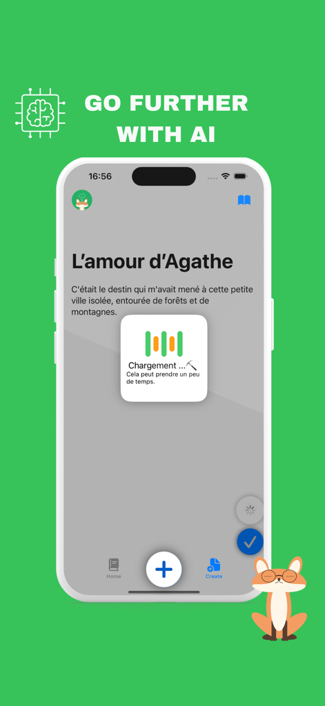 MrsWriter for writers - Smartphone screen showing the MrsWriter app interface with an AI loading popup and a book title in French.