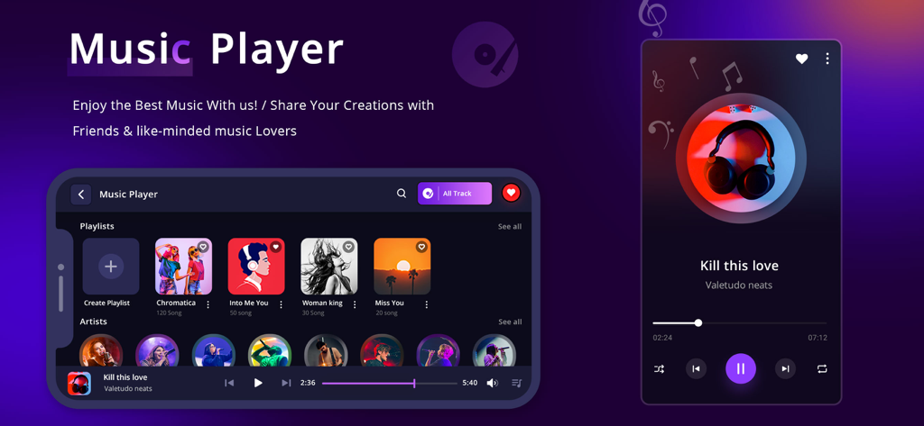 Oberfläche der Musikplayer-Funktion in der Real Piano App mit Wiedergabelisten und aktueller Songwiedergabe