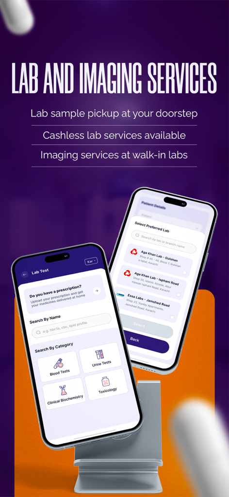 MedIQ App-Oberfläche, die Labor- und Bildgebungsdienste mit Optionen für die Abholung von Proben vor der Haustür und die Auswahl bevorzugter Labore zeigt