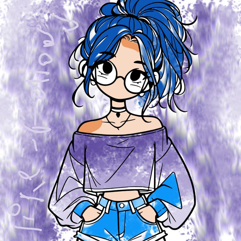 girl with a messy ponytail glasses a baggy crop top and jean shorts