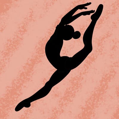 gymnast doing a leap in a leotard with a bent back leg