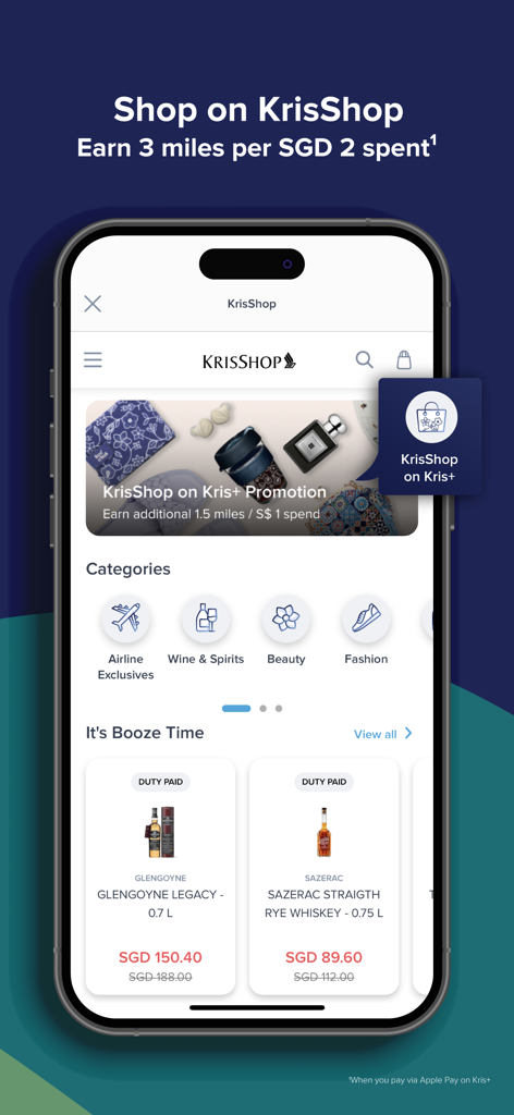 Kris+ by Singapore Airlines - Mobile screen of Kris plus app showing the KrisShop retail section with miles rewards