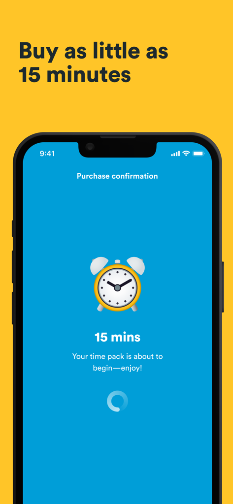 Data Clock - Una pantalla de teléfono móvil mostrando una confirmación de compra de 15 minutos de datos en la aplicación Data Clock.