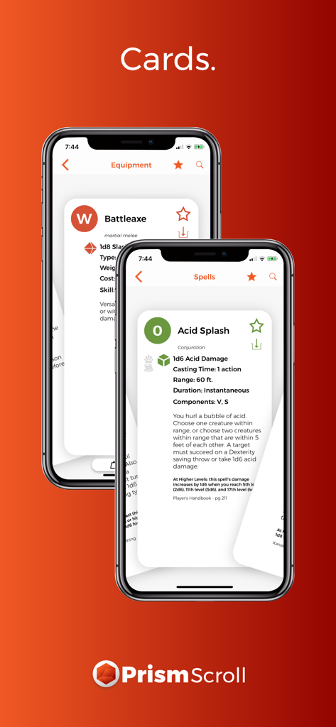 PrismScroll - Character Sheet - Digital Dungeons and Dragons equipment and spell cards in the PrismScroll app.