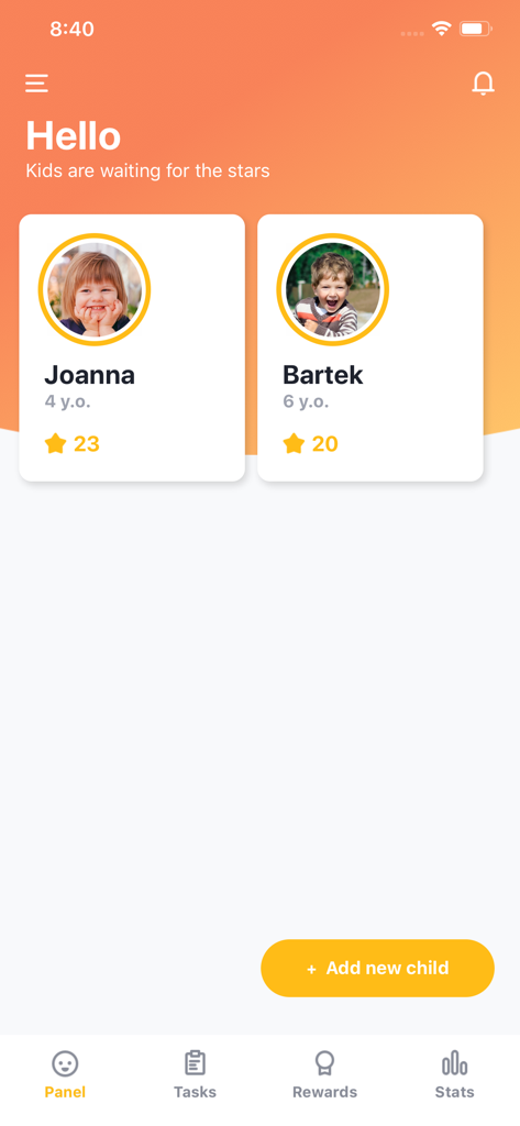 Child Rewardアプリの保護者ダッシュボード。子供のプロフィールと報酬スターが表示されています。