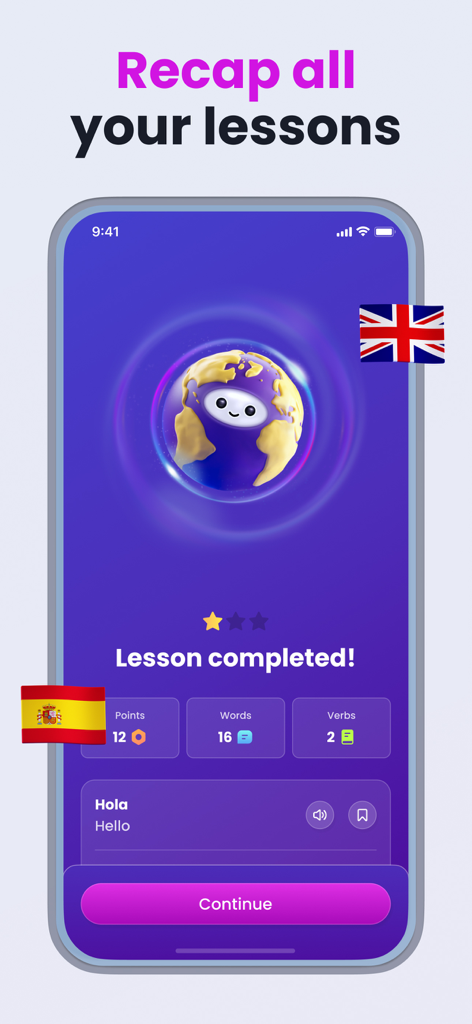 A smartphone screen showing the Mondly app lesson completed message with statistics for points and words learned