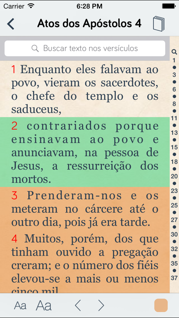Pocket Biblia - Bíblia Católica - Reading screen of the Pocket Biblia app showing verses from Acts of the Apostles in Portuguese with green and orange highlights