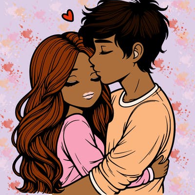 a realistic couple boy and girl hugging and kissing